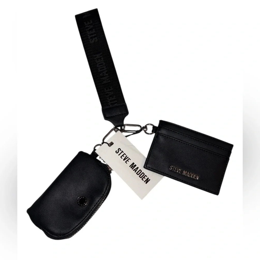 NWT Steve Madden Black Flat Wallet, Key Chain and Pouch Set